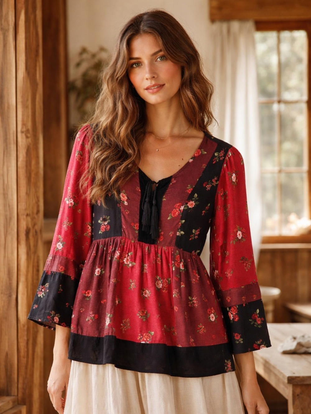 Style & Co. Floral Patchwork Red Black Peasant Whimsygoth Blouse w/ Velvet